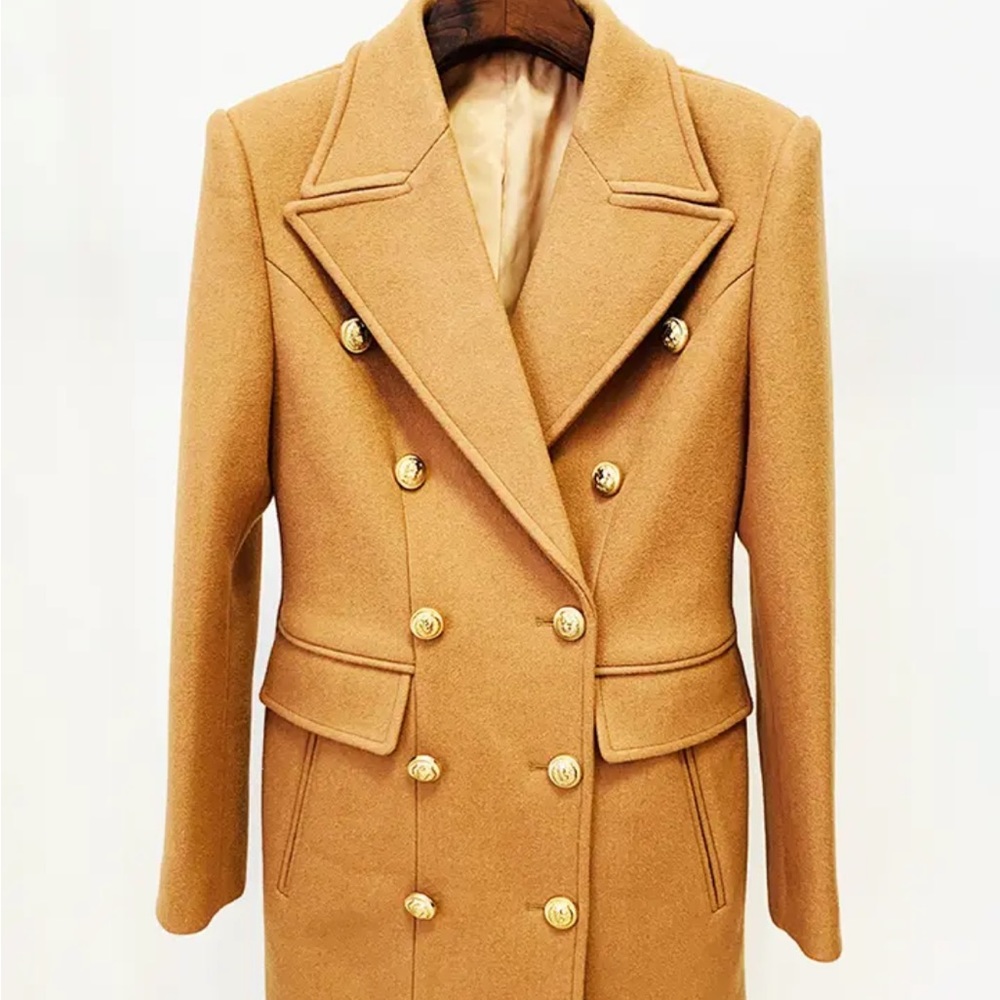 Wool Blend Camel Double-Breasted Pea Coat - Picture 9 of 16